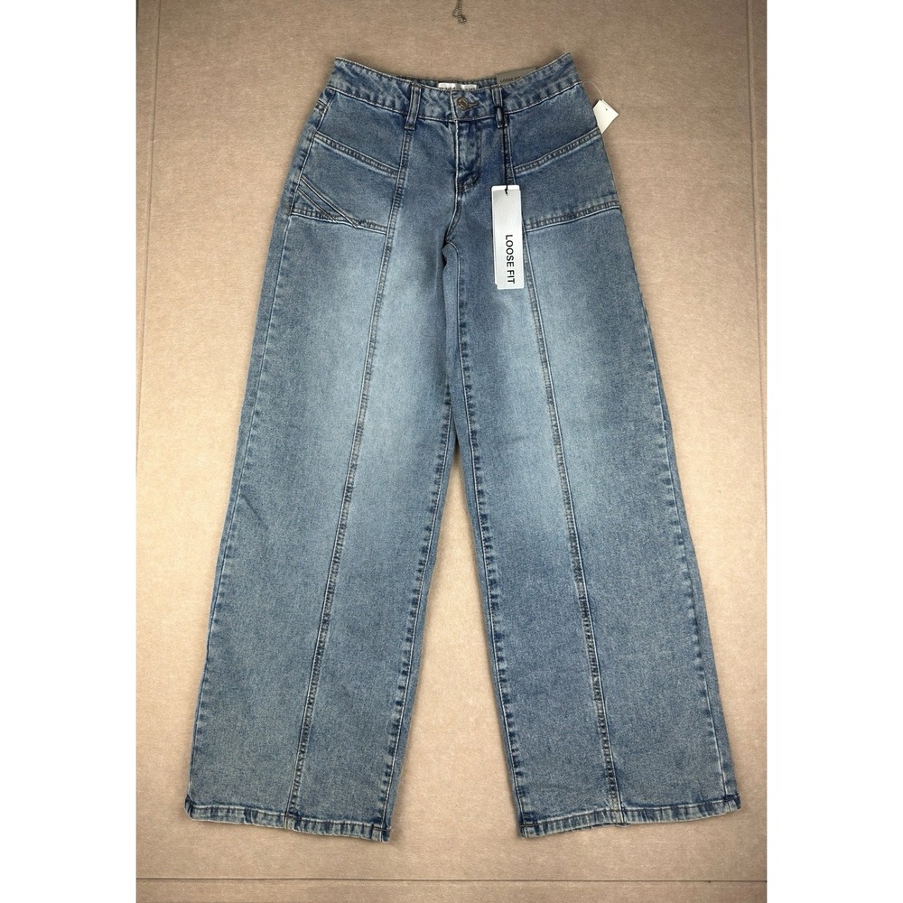 Madden Girl Jeans Size 1 Blue Loose Fit Wide Leg High Rise Y2K‎ Stretch Denim